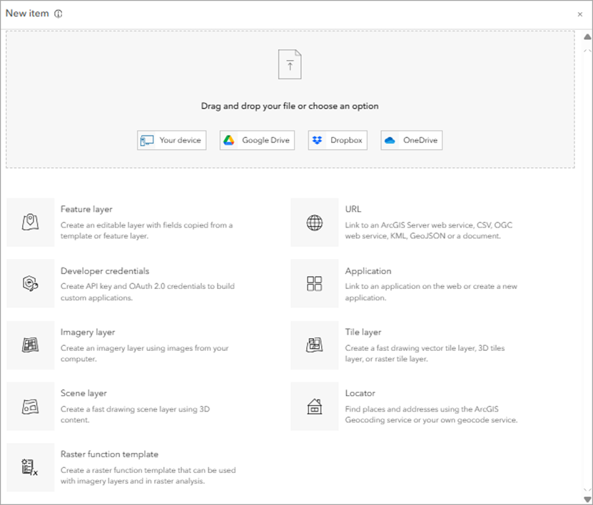 Use the new item tool to import custom data into your portal.