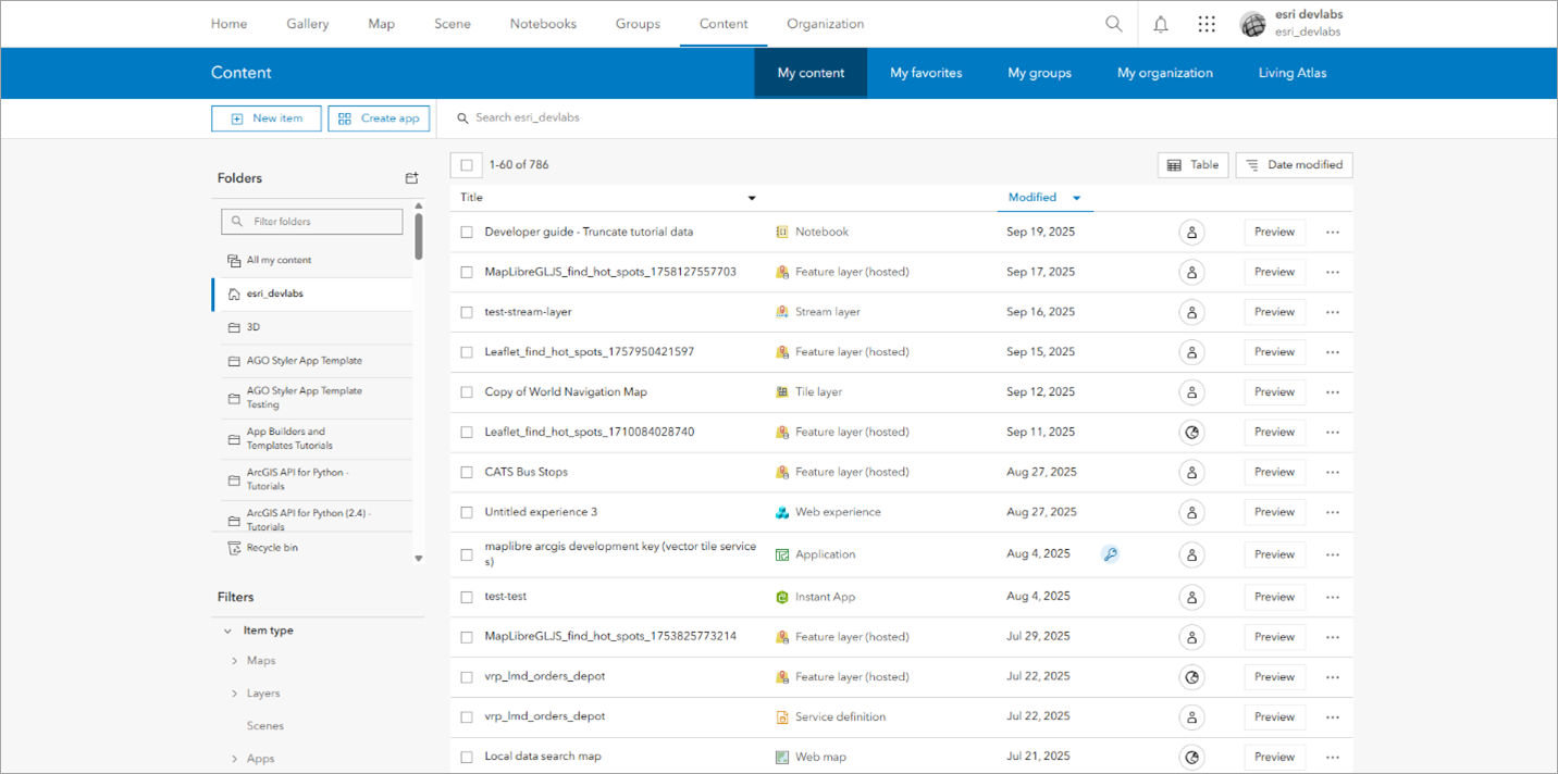Content page of your portal allowing you to manage your portal items, users, and groups.