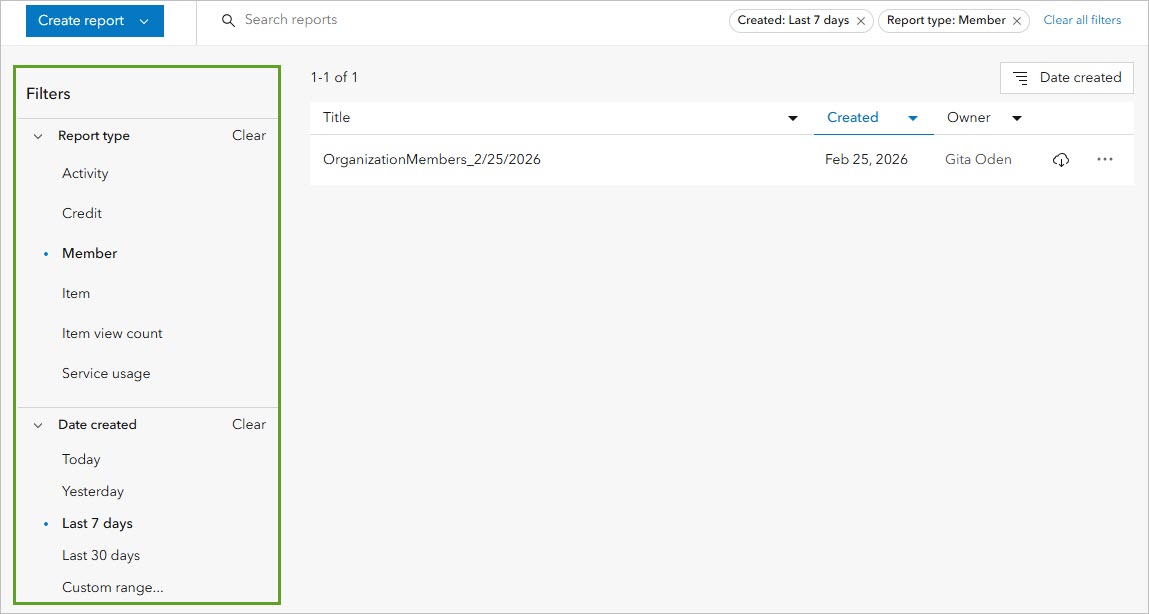Reports filtered by type: Member and Date created: Last 7 days
