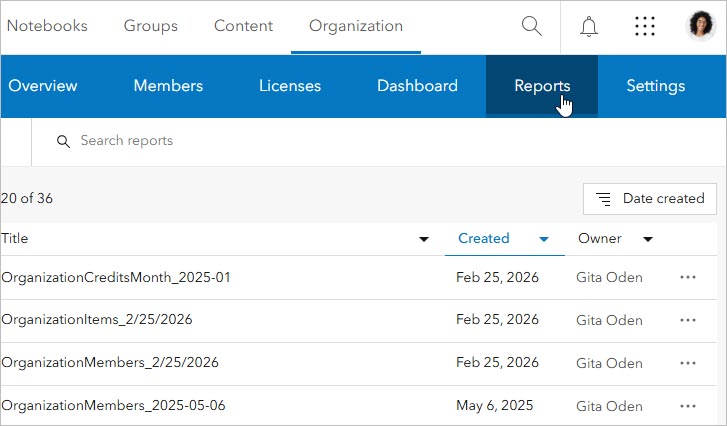 Organization page Reports tab in ArcGIS Online