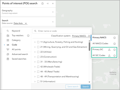 In-app SIC codes deprecation messaging in points of interest (POI) search