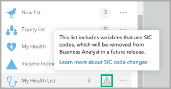 Saved variables using SIC codes will have a warning label.