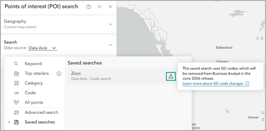 In-app messaging about SIC codes transition for a saved search.