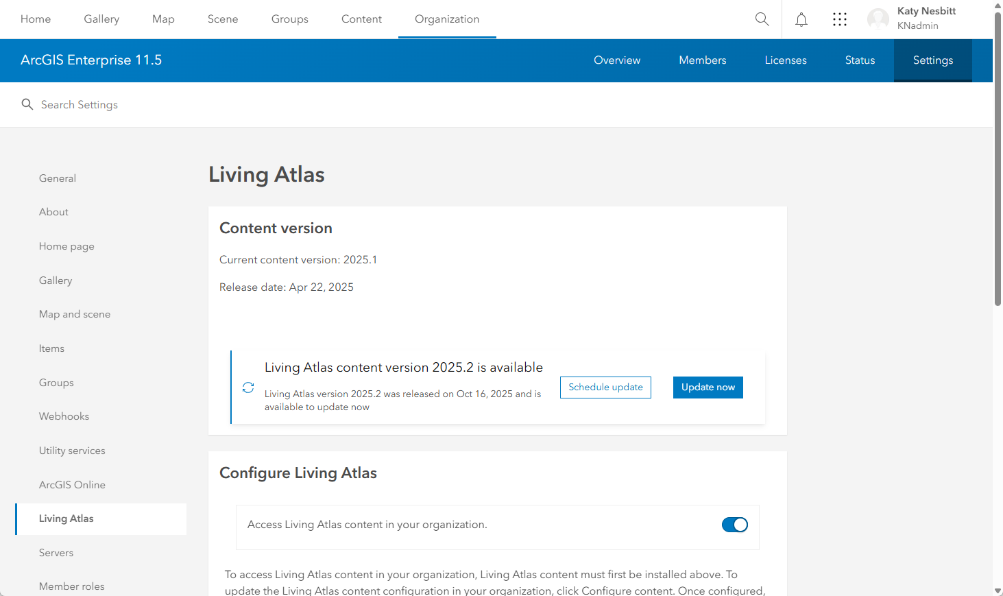 ArcGIS Enterprise portal organization settings interface showing that package 2025.1 is currently installed and package 2025.2 is available for update.