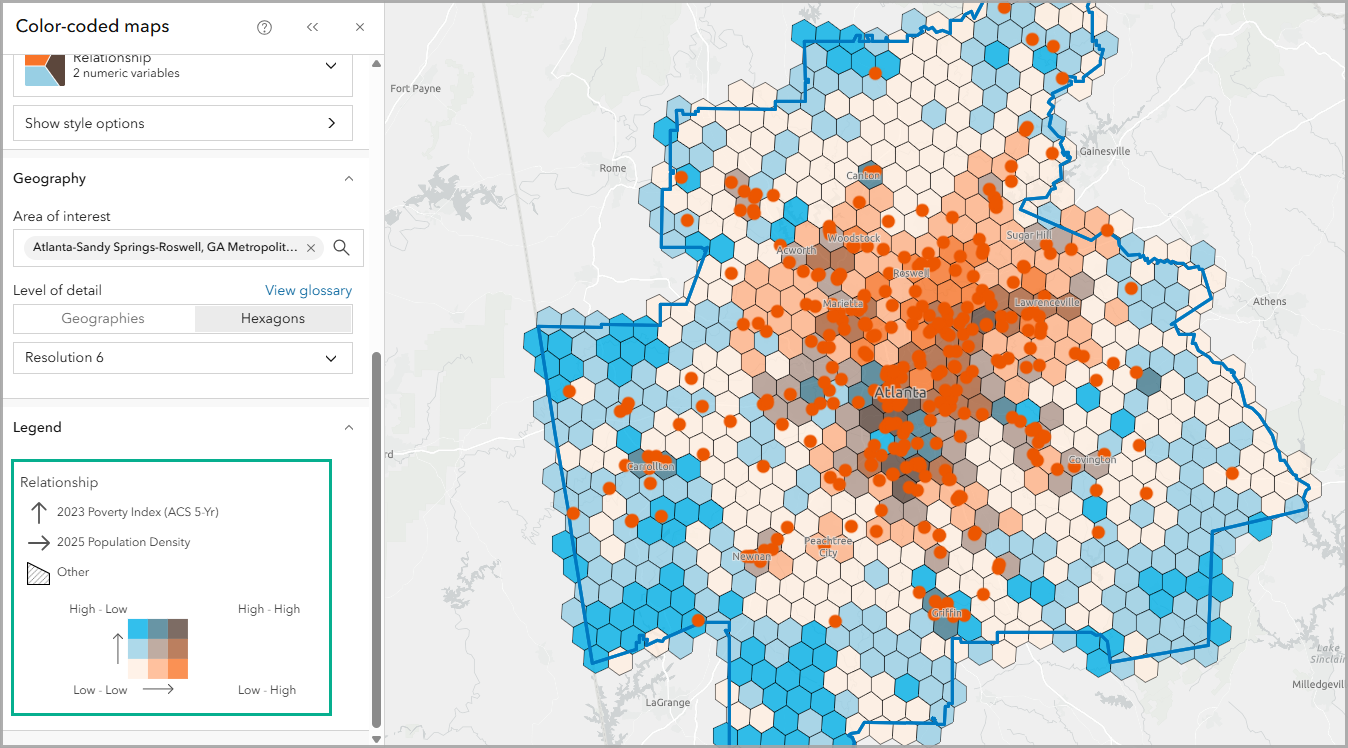 Map of grocery store POI icons and color-coded hexagons representing poverty index and population density with a legend