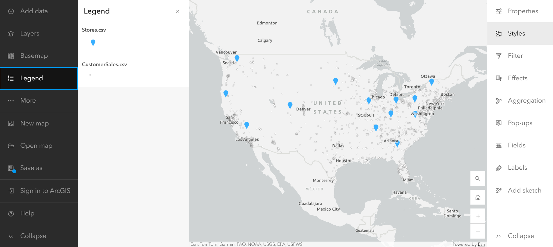 Light grey map of the United States with blue pins and white circles.