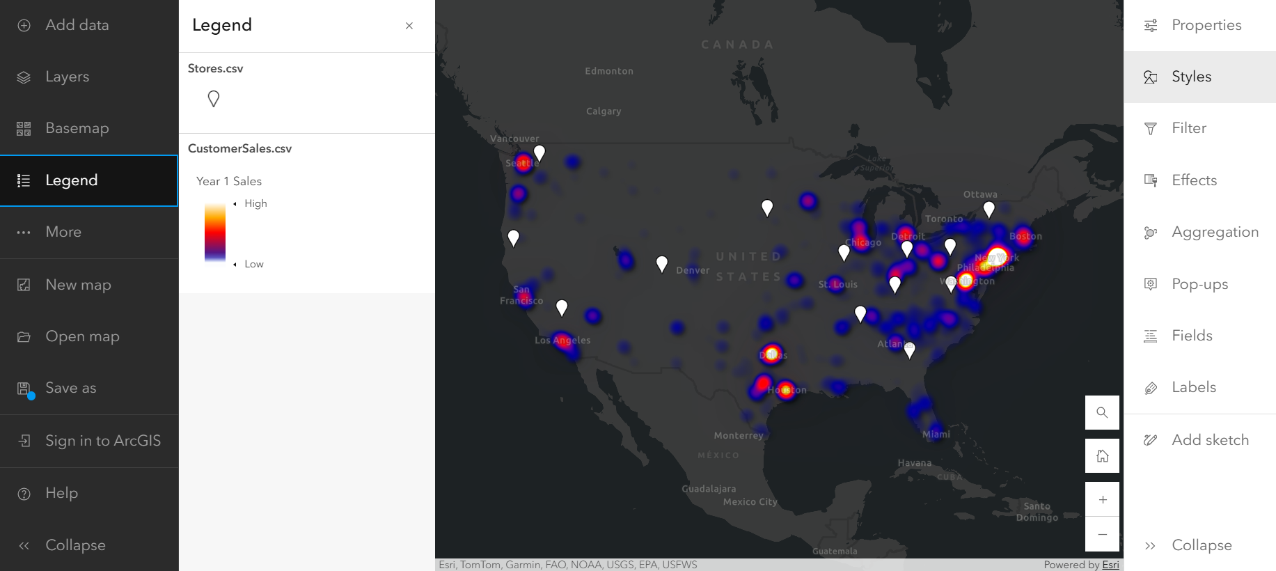 A map of the United States with grey, blue, pink, and white areas and white pins.