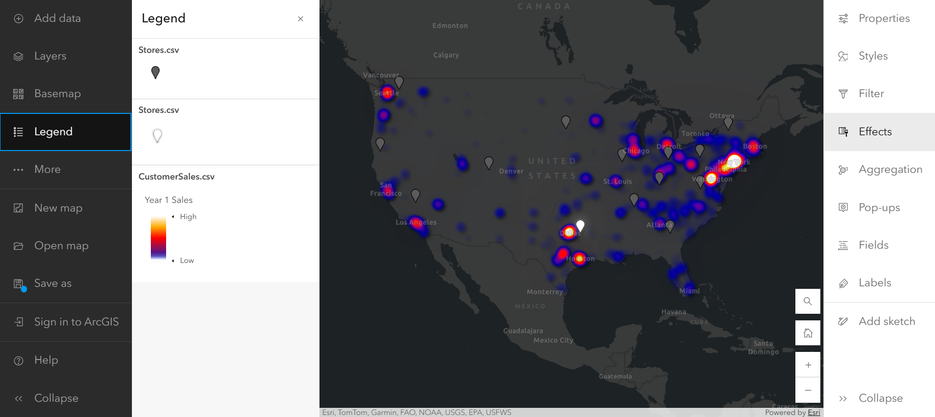 A map of the United States with grey, blue, pink, and white areas and grey pins with one glowing white pin.