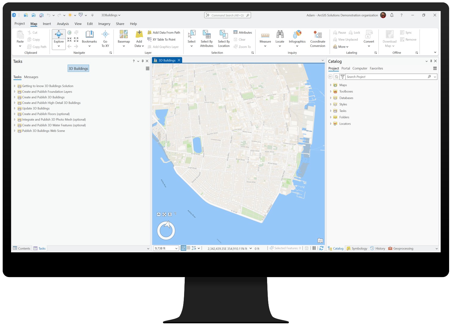 An image of an ArcGIS Pro project with the 3D Buildings tasks open.