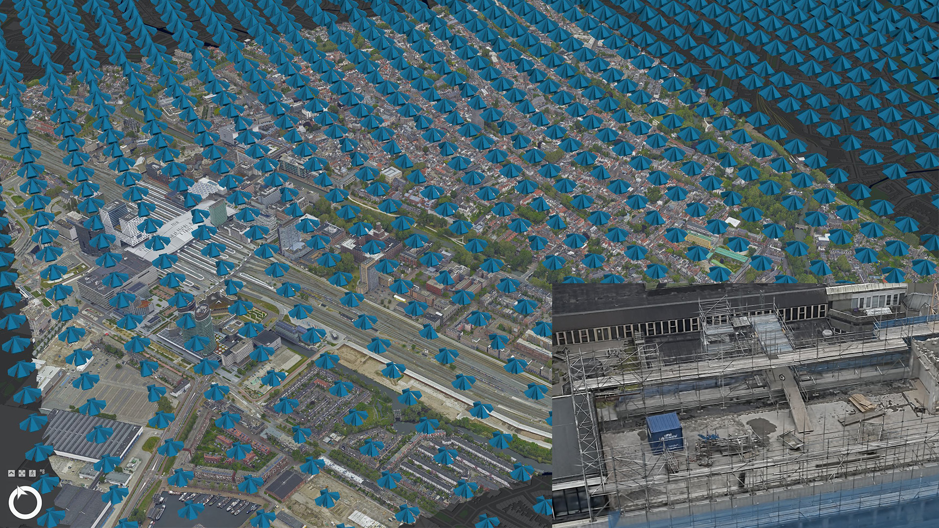 Flight pattern and 3D visualization of Utrecht using Gaussian splat layer.