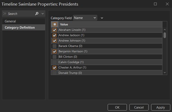 The Category Definition menu with a selected Category Field and Values. 