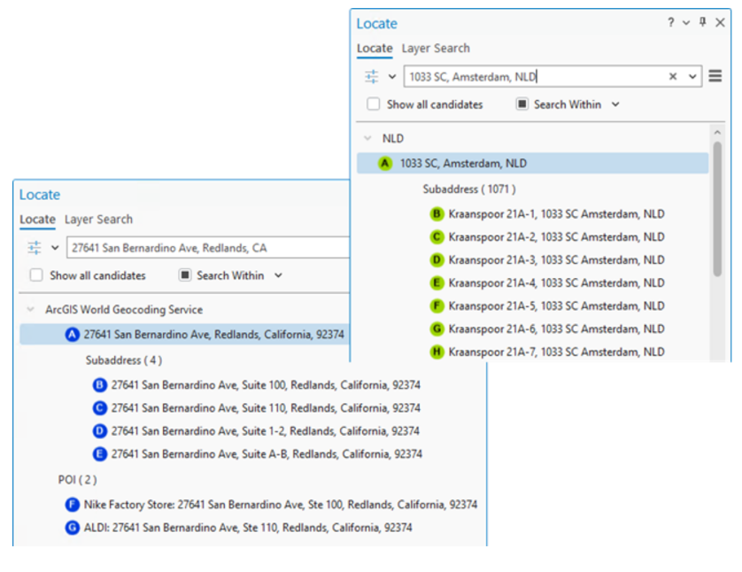 This image shows the results of using Search Within on the Locate Pane in ArcGIS Pro
