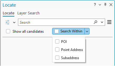 This image shows the Search Within property on the Locate Pane in ArcGIS Pro