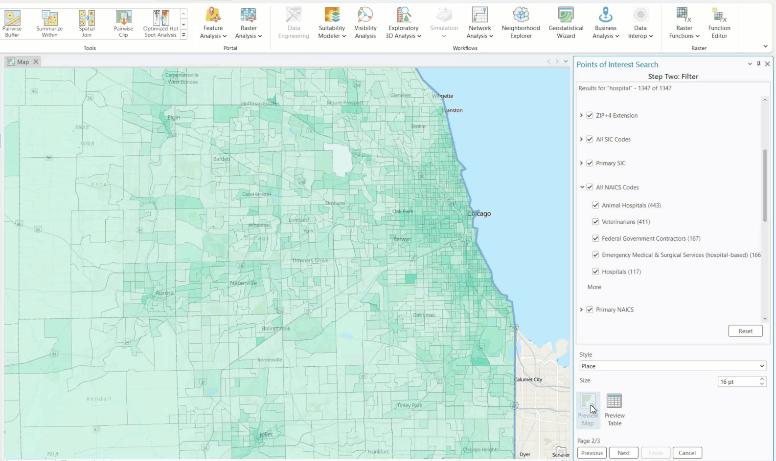 Gif shows displaying and filtering POI points in preview map mode.