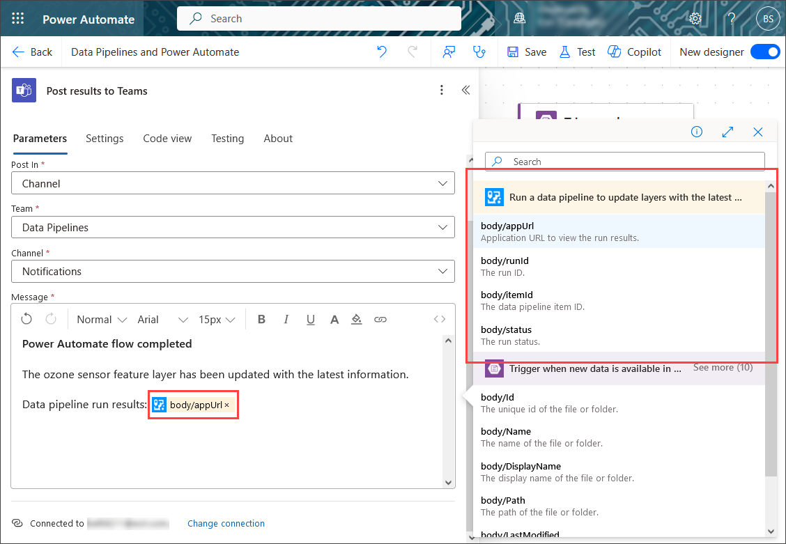 The properties returned from the ArcGIS RunDataPipeline connector in Microsoft Power Automate.