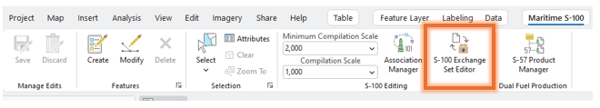 The S-100 Exchange Set Editor tool highlighted in an orange box on the Maritime S-100 tab