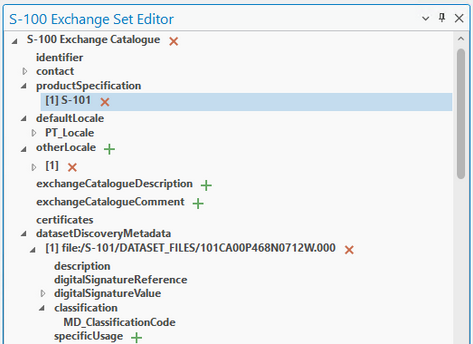 S-100 Exchange Set Editor tool UI when an S-101 exchange set is loaded.
