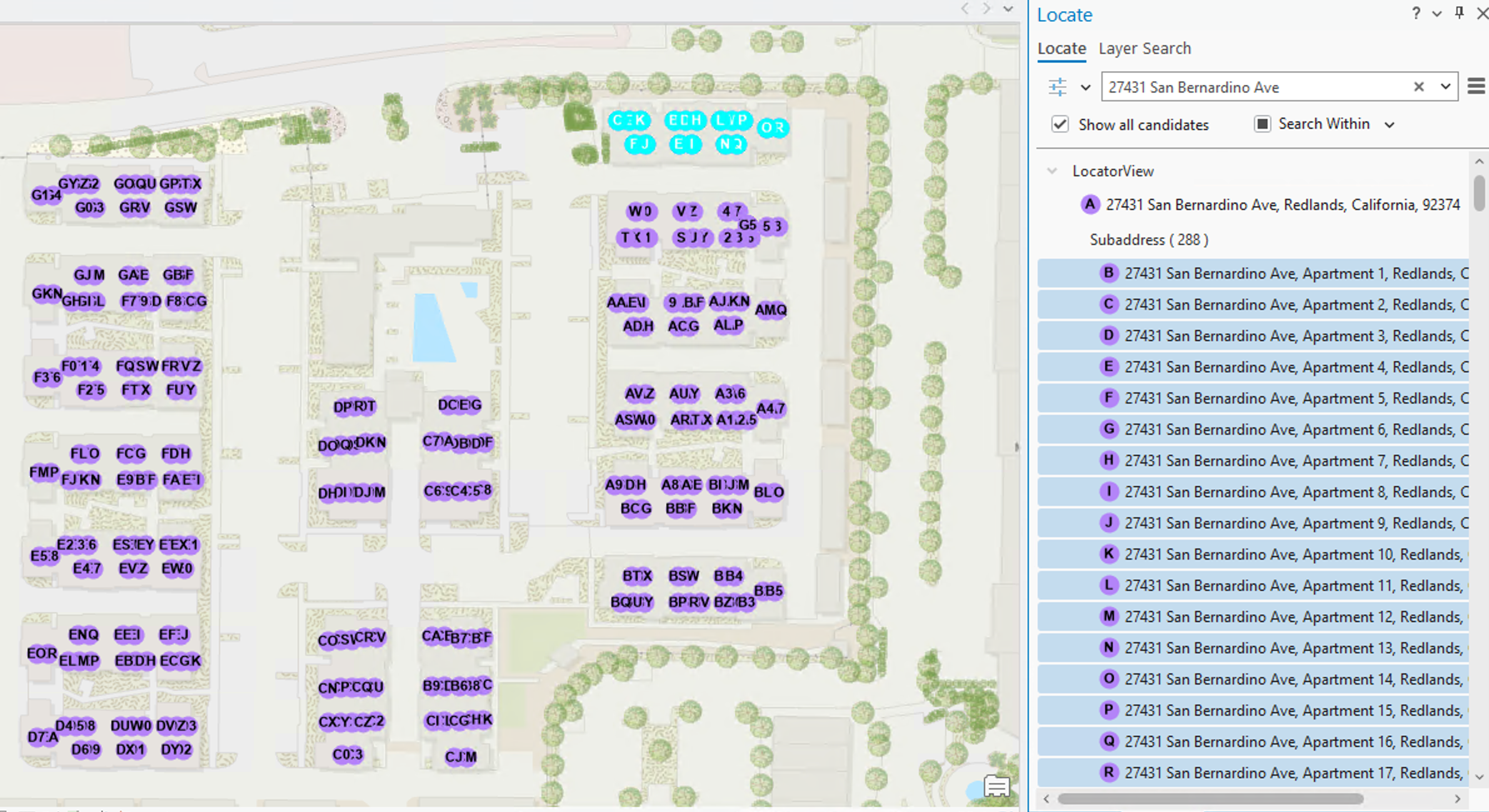 This image shows the first 50 records selected when using Search Within in the Locate Pane of ArcGIS Pro