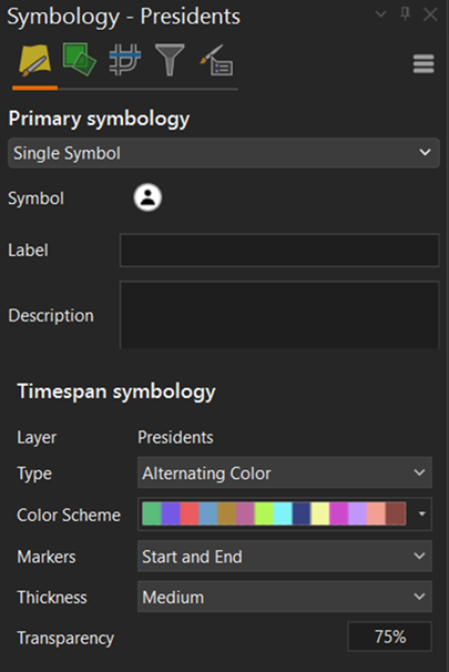 The Symbology pane with Timespan symbology.