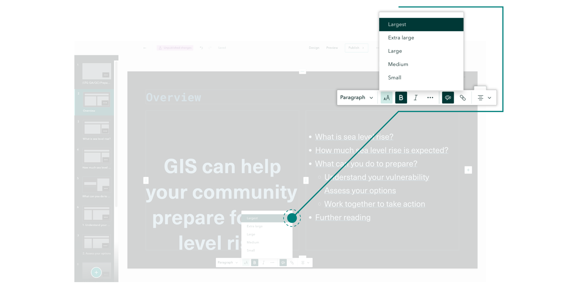 A screenshot illustrating a text formatting dropdown menu in the ArcGIS StoryMaps builder for briefings.
