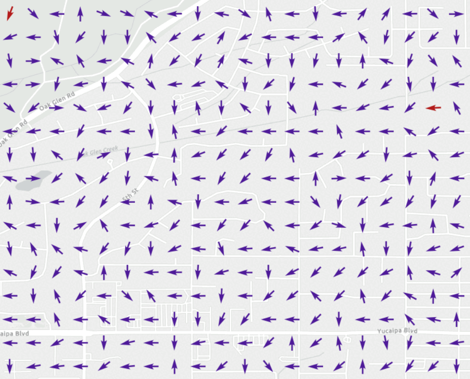 Water velocity output from the Create Flood Simulation Raster tool, displaying the U and V components using vector field symbology.
