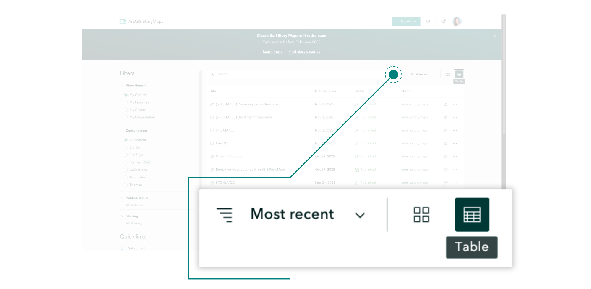 A screenshot illustrating the menu for Table and Grid view on the StoryMaps content page.