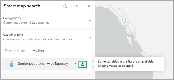 Warning message for a saved smart map search list with missing variables