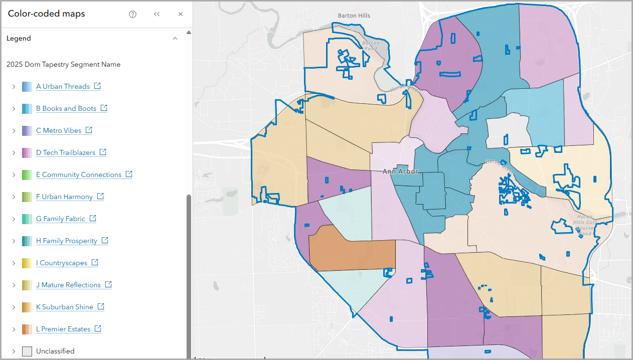 Color-coded map of Dominant Tapestry Segment in Ann Arbor using ArcGIS Tapestry