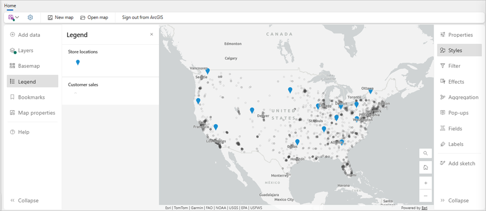Light grey map of the United States with blue pins and white circles.