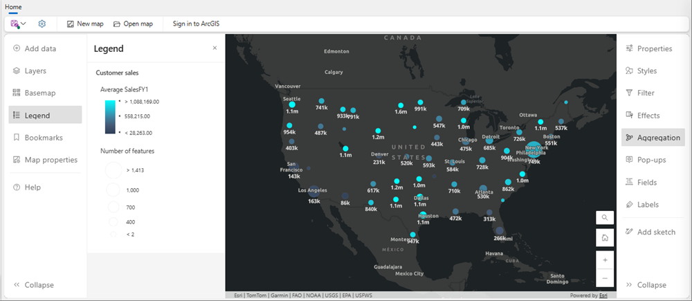 Map of the United States with differently-sized blue circles, labeled with numbers.