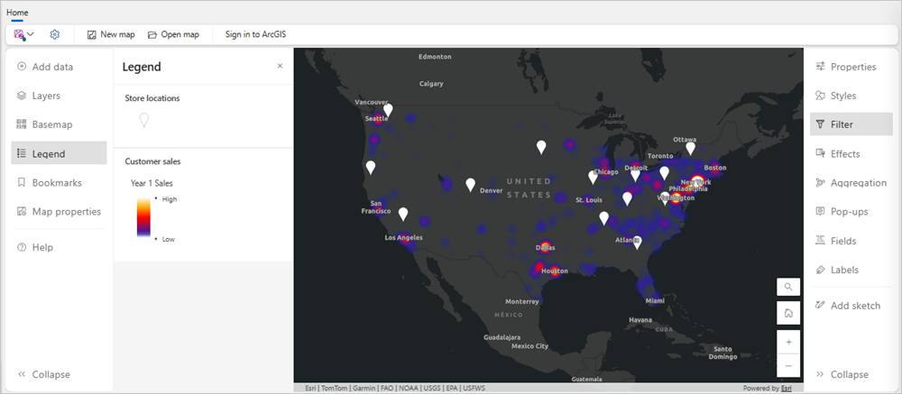 A map of the United States with grey, blue, pink, and white areas and white pins.