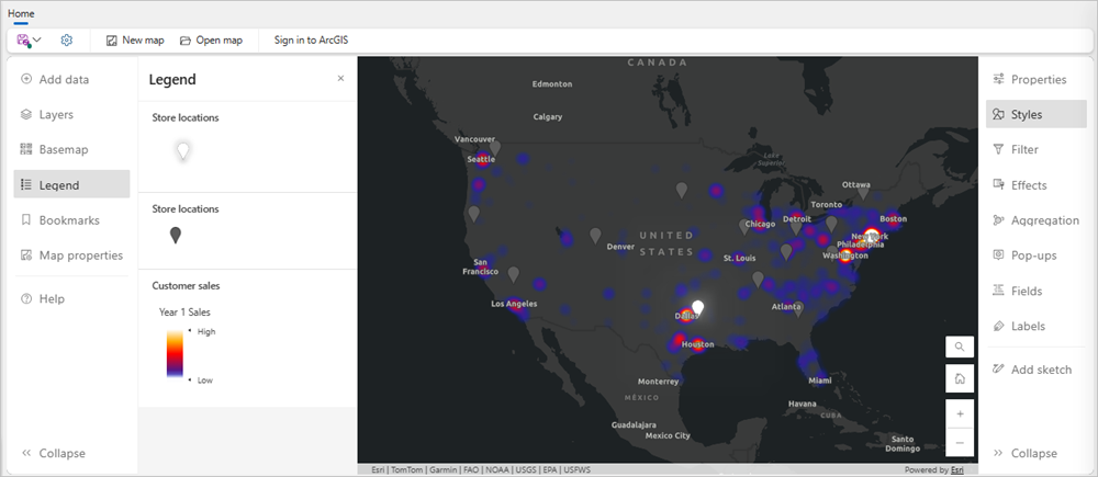 A map of the United States with grey, blue, pink, and white areas and grey pins with one glowing white pin.