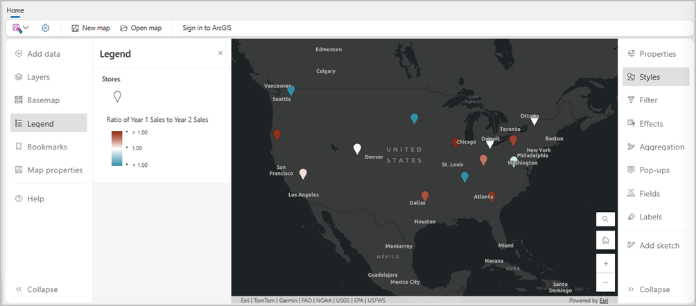 A map of the United States with red, white, and blue pins.