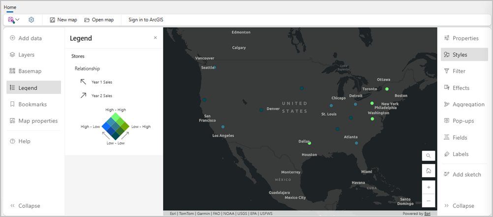 A map of the United States with circles displayed in shades of green and blue.