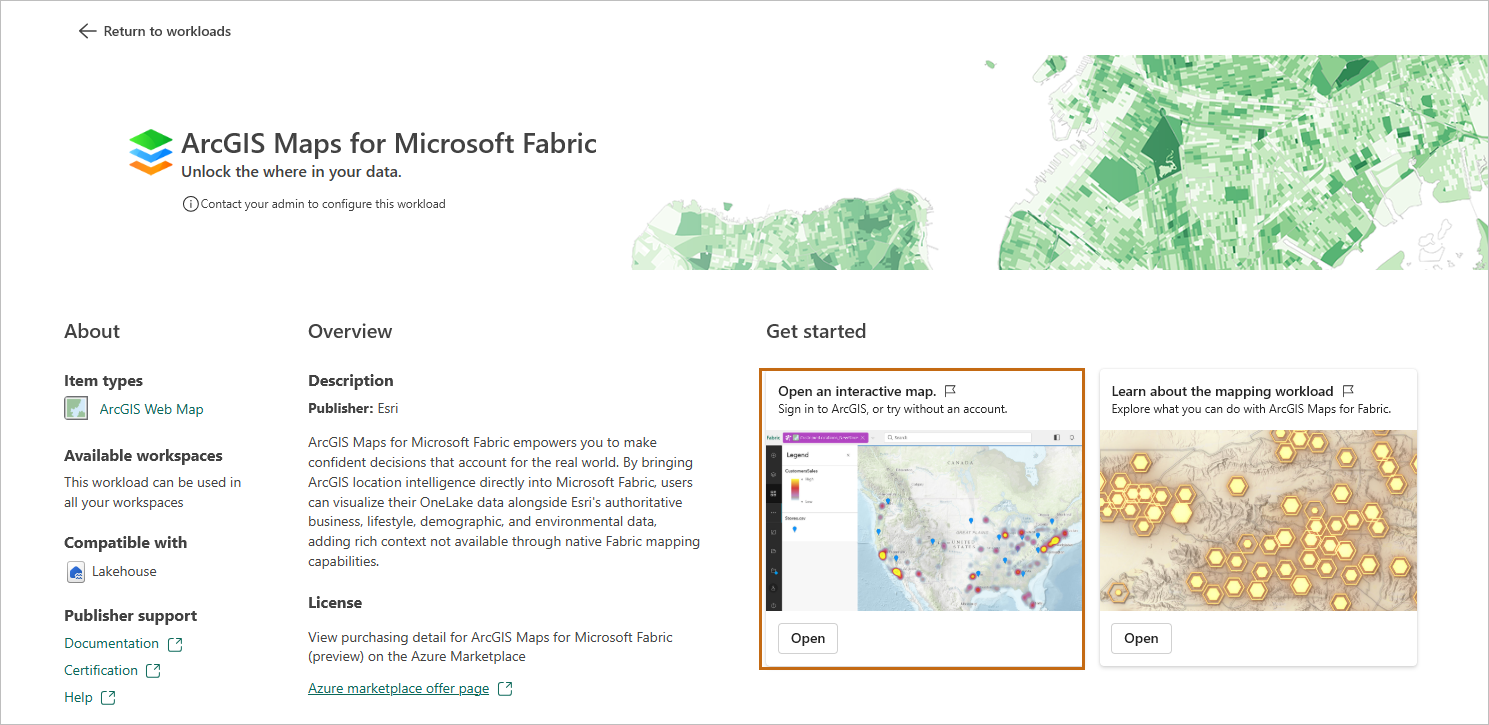 ArcGIS Maps for Fabric workload landing page.