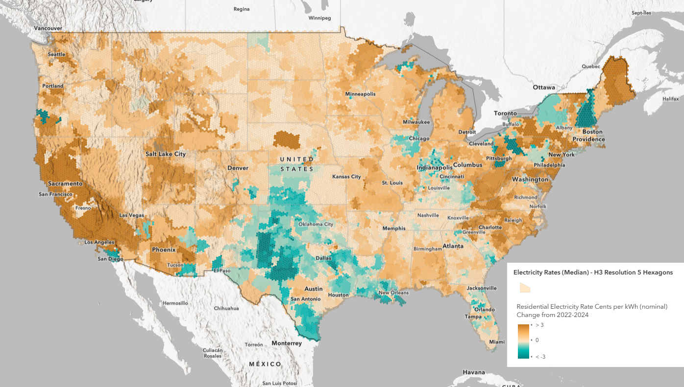Web map of cents per kWh change for residential electricity rates in the USA.