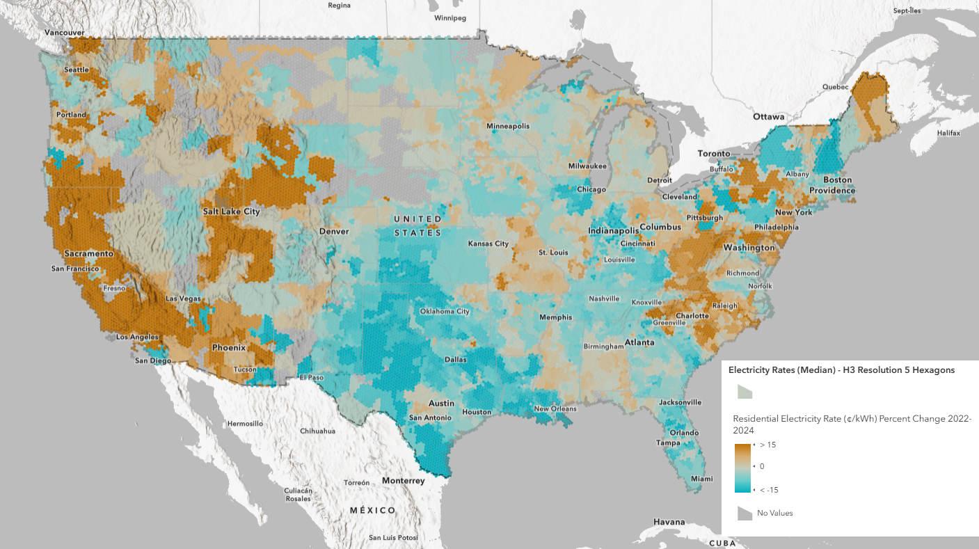 Web Map showing percentage point change for residential electricity rates in the USA