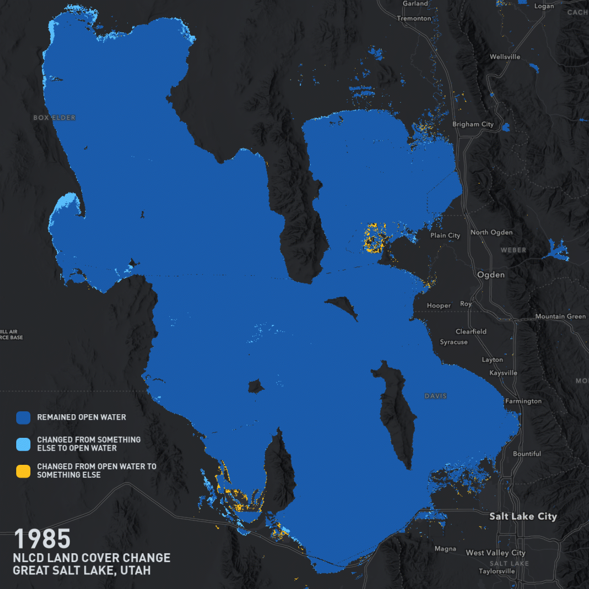 Yearly NLCD Land Cover Change in the Great Salt Lake using the Water Bodies Change Renderer processing template.