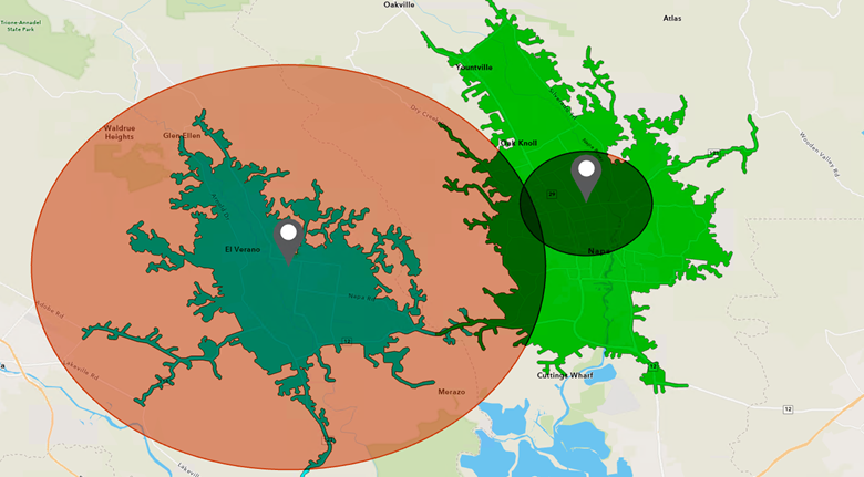 Daytime population versus 15-minute drive time trade areas