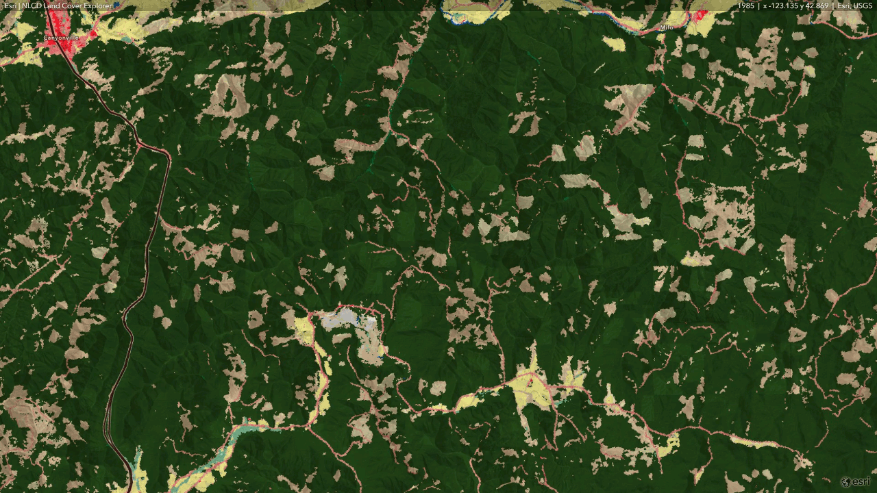 Land Cover Explorer video export of change near Milo, Oregon due to wildfire and logging activity.