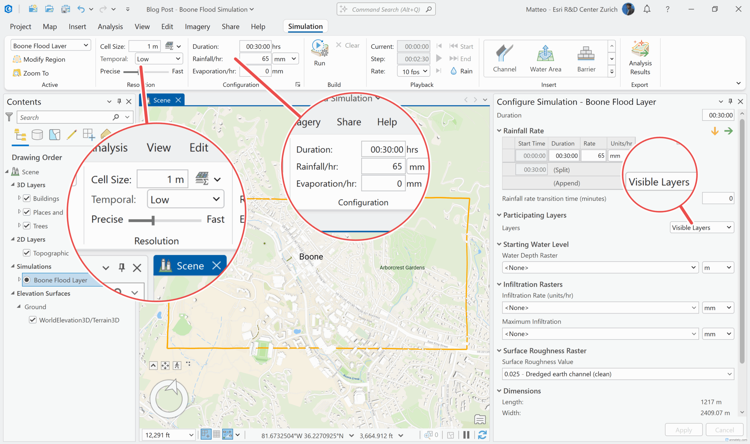 ArcGIS Pro flood simulation setup showing Boone map extent and configuration pane with key parameters.