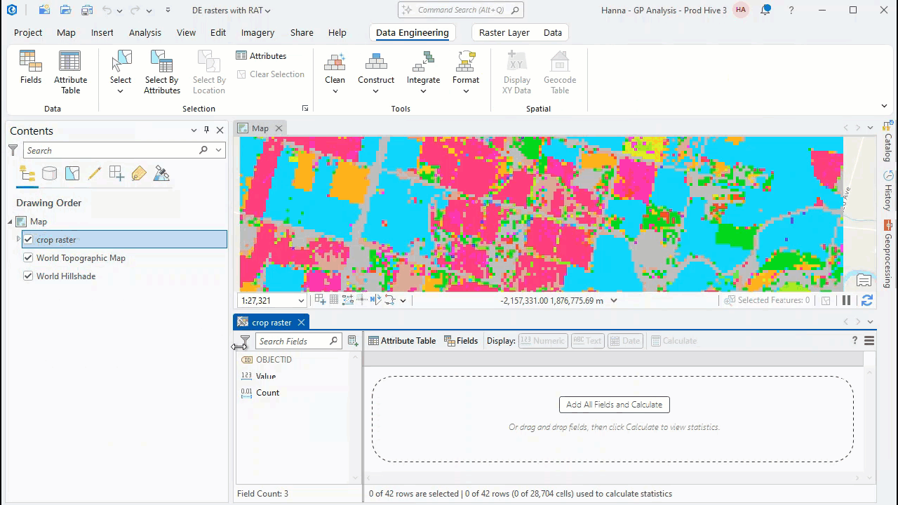 Calculate statistics for fields in a raster attribute table in Data Engineering.