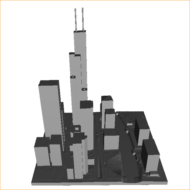 Screenshot of a 3D model of LoD1 downtown chicago