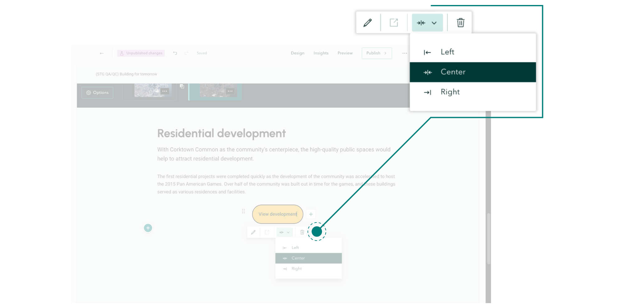 A screenshot showing the capability to align buttons in the ArcGIS StoryMaps builder left, center, or right.