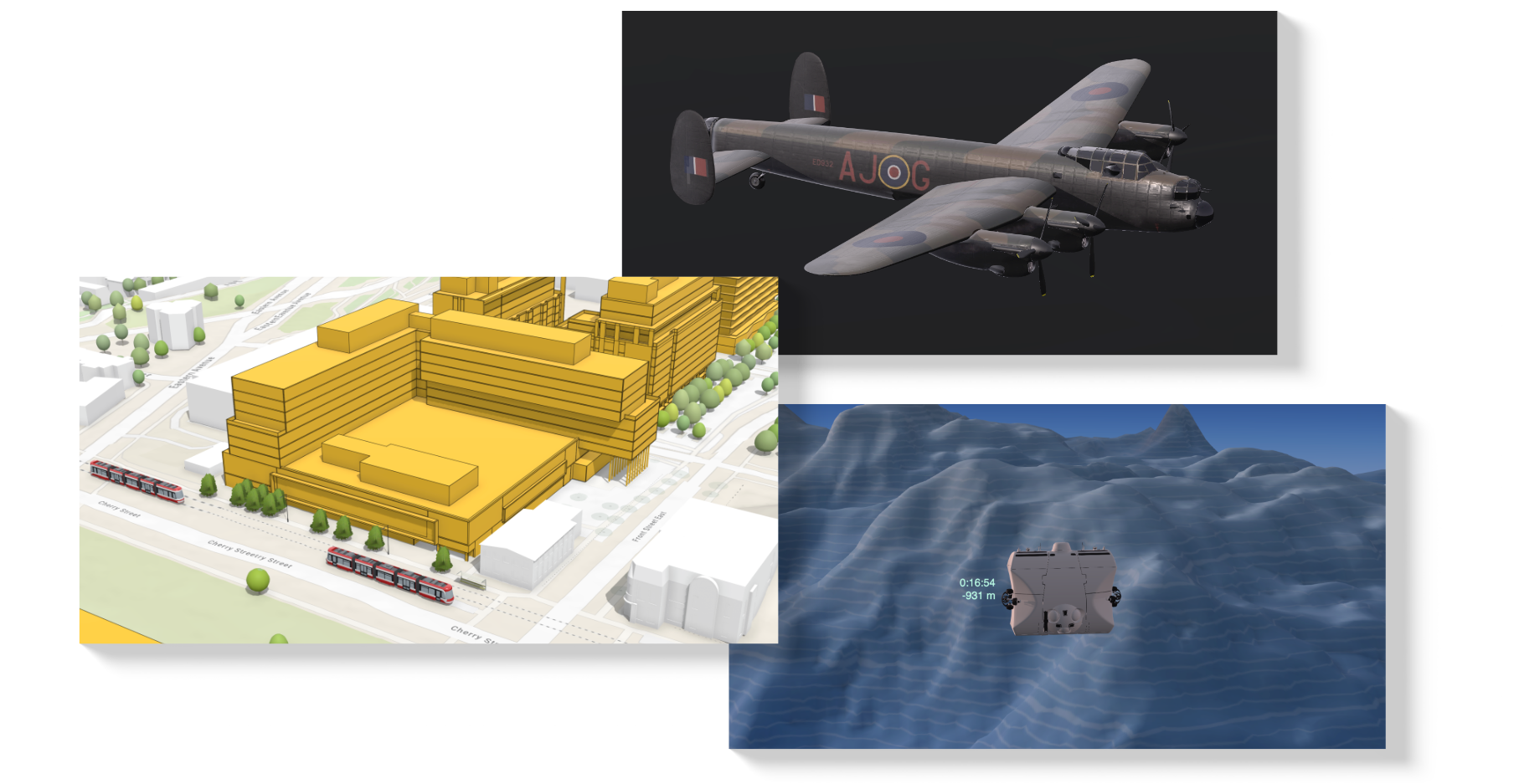 Collage of three 3D renderings: a WWII Avro Lancaster bomber; a detailed urban planning model showing streets, buildings, trees, and streetcars; and an underwater scene with a submersible navigating deep-sea terrain, displaying time and depth overlays.