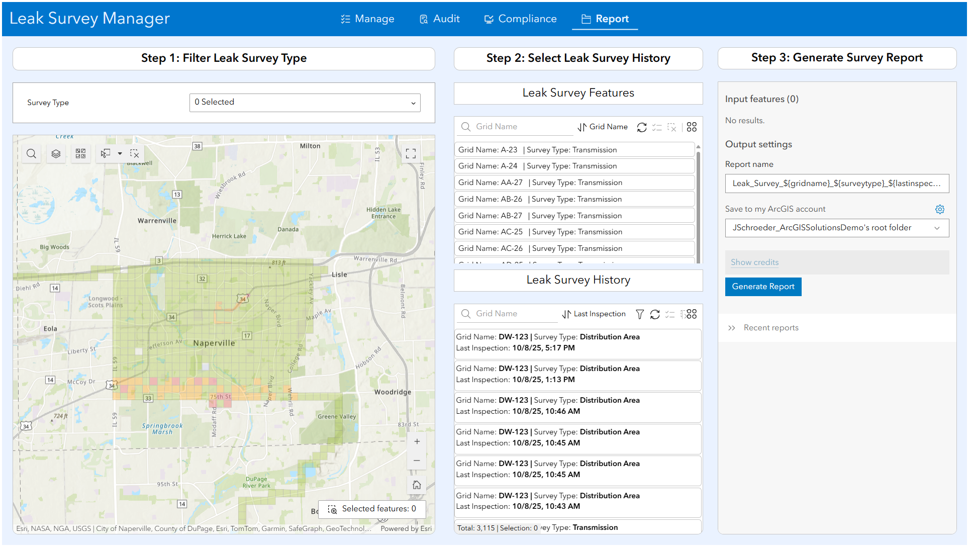 An image that shows the layout of the Leak Survey Manager Report application.