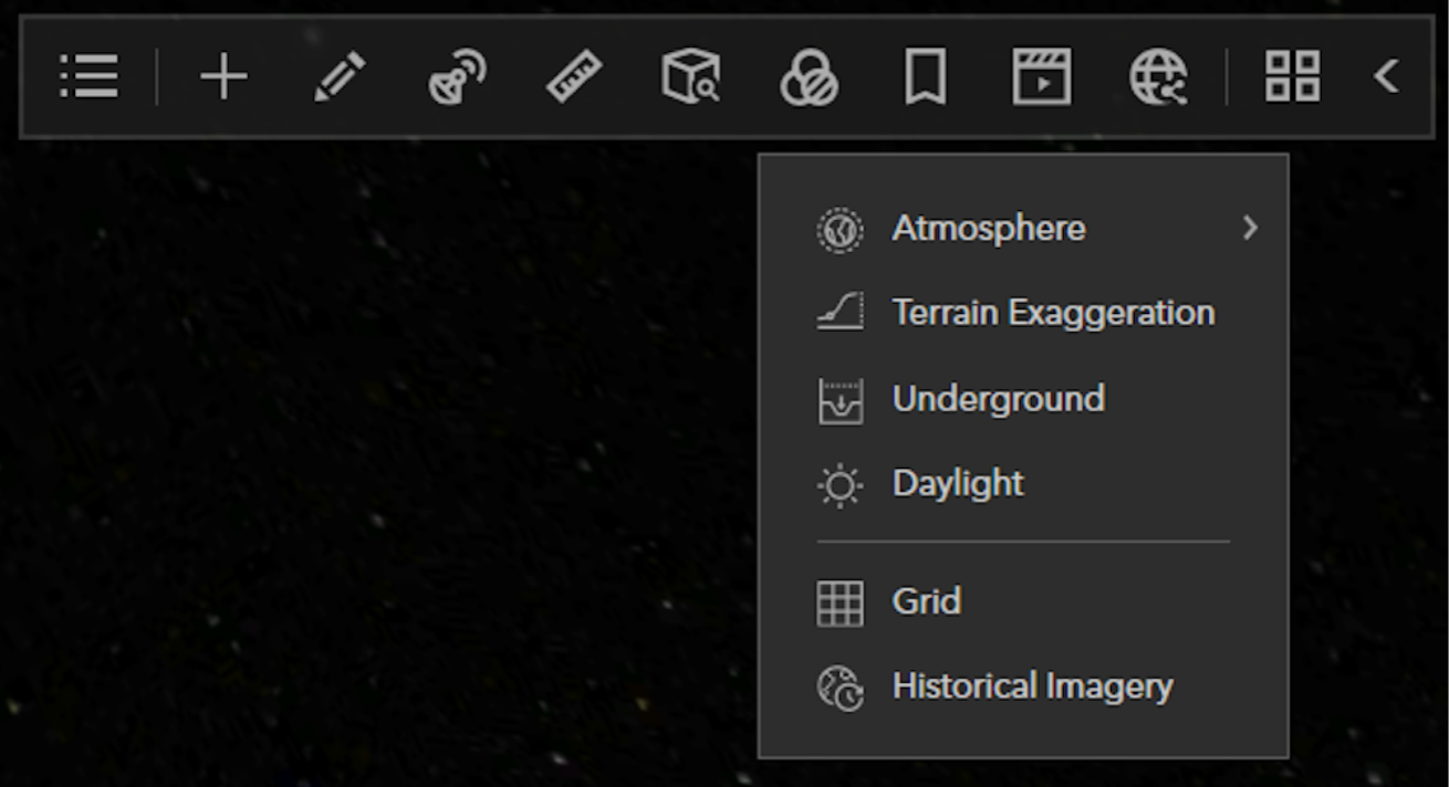 ArcGIS Earth interface showing a settings menu with options: Atmosphere, Terrain Exaggeration, Underground, Daylight, Grid, and Historical Imagery.