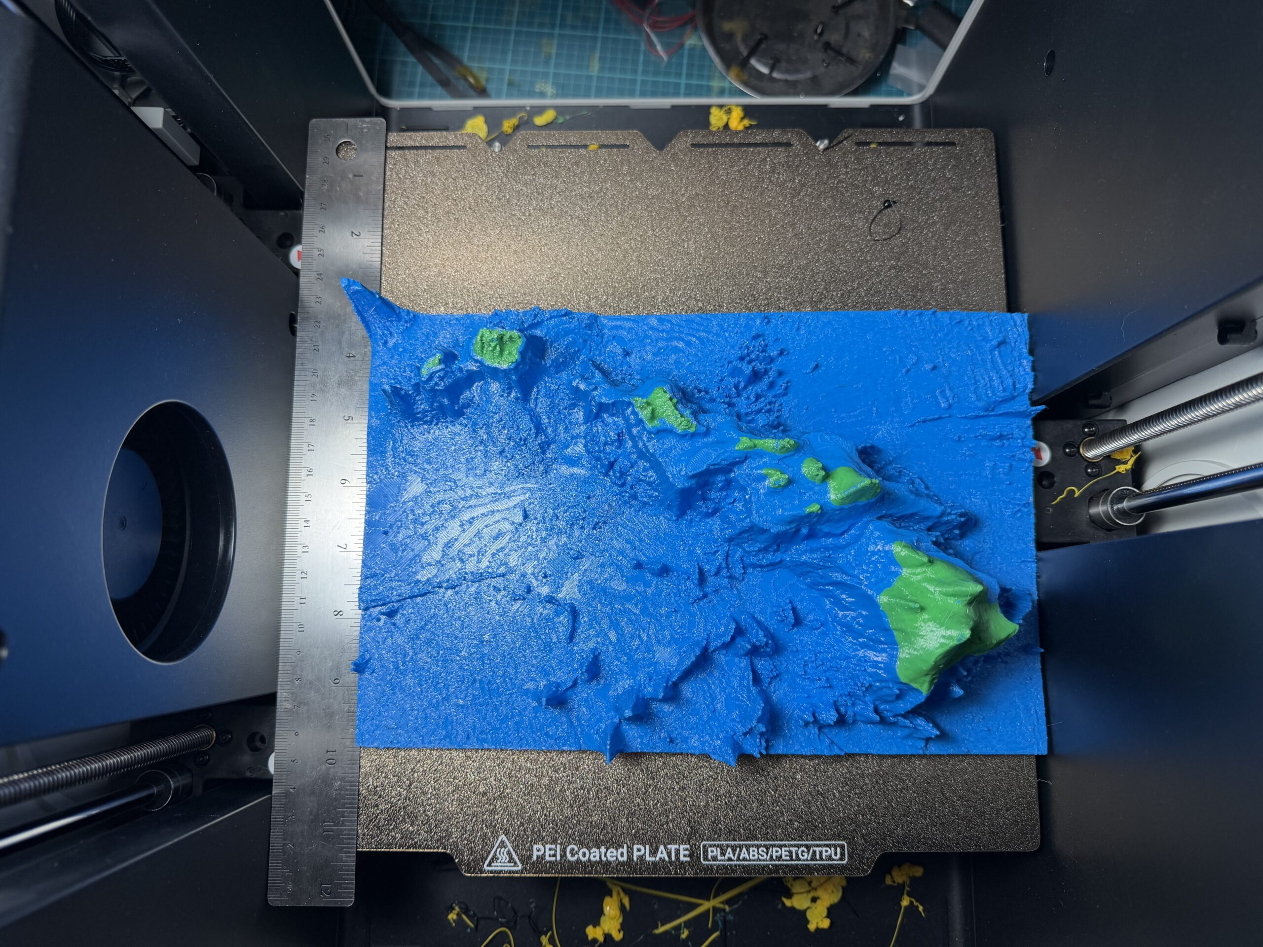 Top down view of 3D Print of Hawaii and surrounding ocean Bathymetry