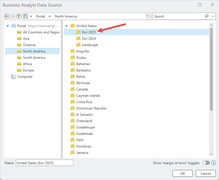 Choosing the United States (Esri 2025) data source