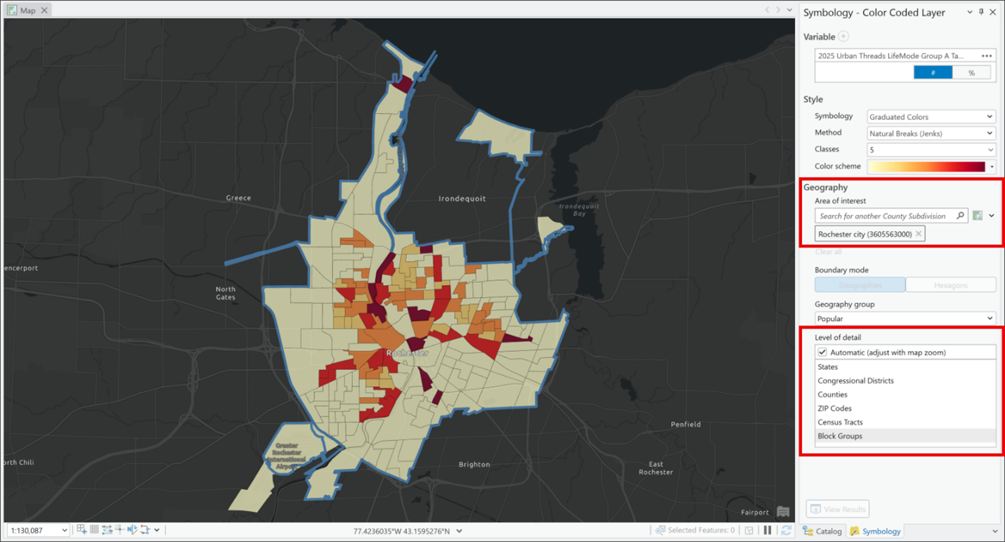 Screenshot showing defined study area and additional levels of detail available when the area of interest is defined as part of the color-coded layer symbology.